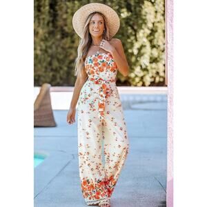 GOMORN 2 peace, Strapless Wide Leg Jumpsuit floral orange Sz XL 12 44 NWT